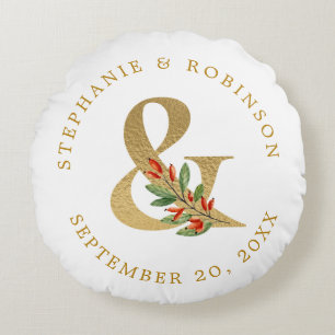 Elegant Gold Script Wedding Monogram Round Cushion