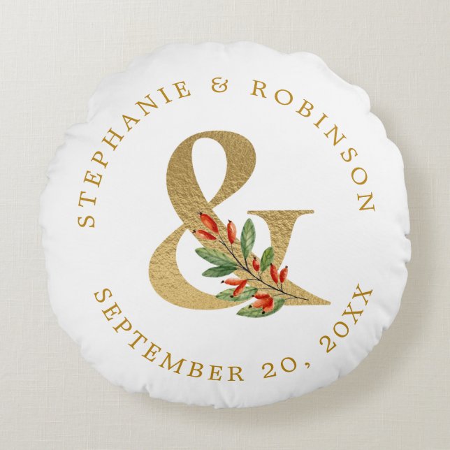 Elegant Gold Script Wedding Monogram  Round Cushion (Front)