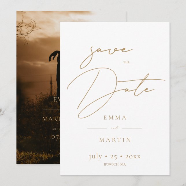Elegant Gold Script Wedding Photo Save The Date (Front/Back)