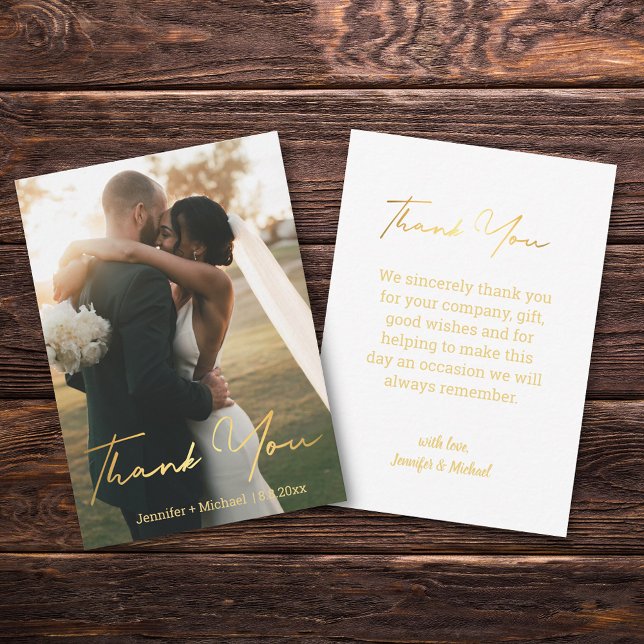 elegant gold script wedding  photo thank you  card (Creator Uploaded)