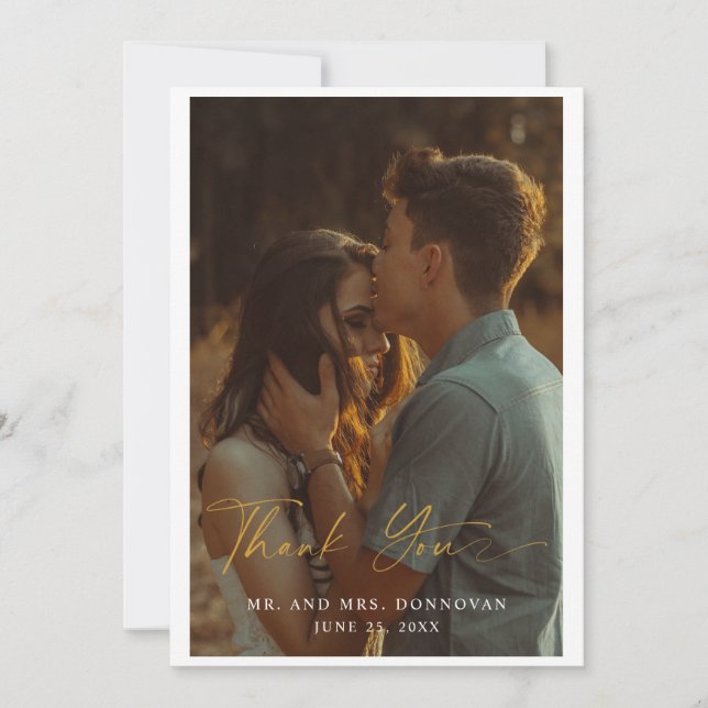 Elegant Gold Script Wedding Photo Thank You Cards (Front)