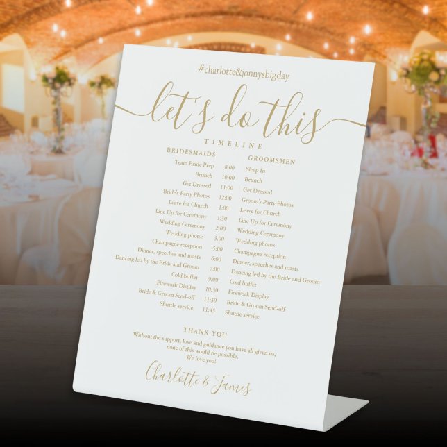 Elegant Gold Script Wedding Schedule Timeline Pedestal Sign (Elegant Gold Script Wedding Schedule Timeline Pedestal Sign)