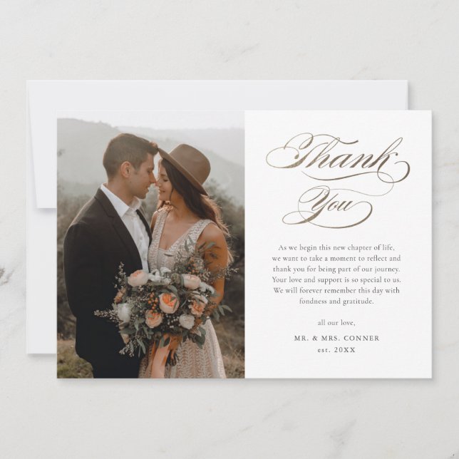 Elegant Gold Script Wedding Thank You Card (Front)
