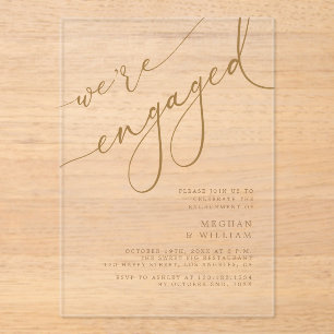 Elegant Gold Script We're Engaged Engagement Party Acrylic Invitations