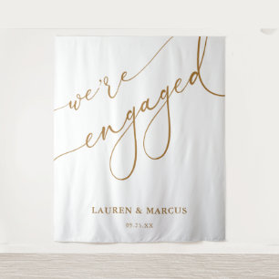 Elegant Gold Script We're Engaged Engagement Party Tapestry