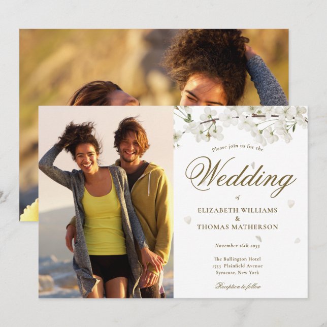 Elegant Gold Script White Blossom 2 Photo Invitation (Front/Back)