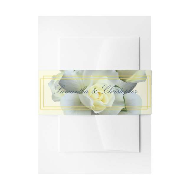 Elegant Gold Script White Rose Double Frame Invitation Belly Band (Front Example)