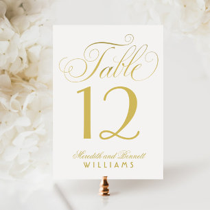 Elegant Gold Script White Table Number Card