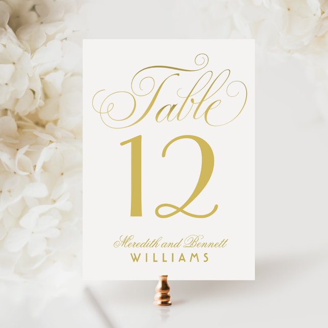 Elegant Gold Script White Table Number Card (Creator Uploaded)