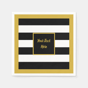 Elegant Gold Script with Black and White Stripes Napkin