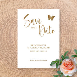 Elegant Gold Script with Glitter Butterfly Wedding Save The Date