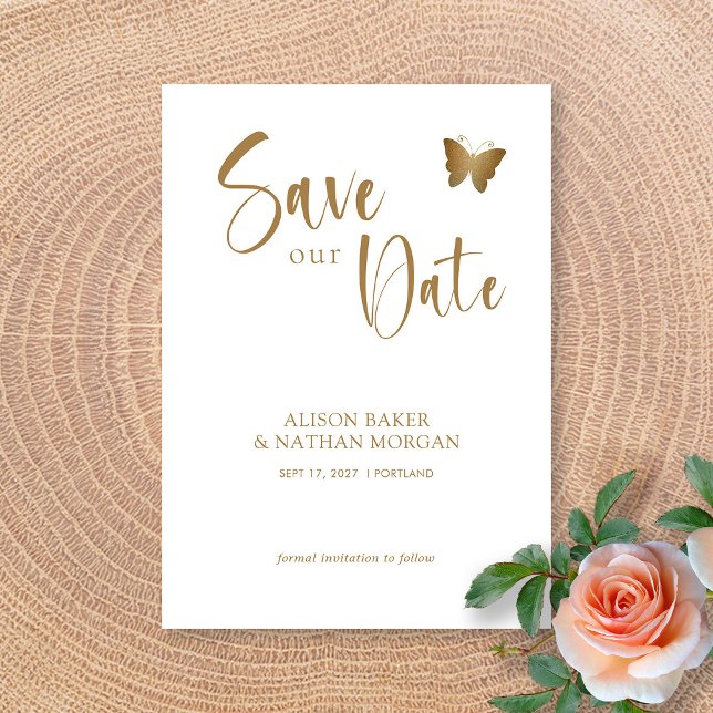 Elegant Gold Script with Glitter Butterfly Wedding Save The Date (Elegant Gold Script with Glitter Butterfly Wedding Save The Date)
