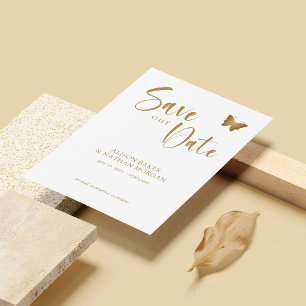 Elegant Gold Script with Glitter Butterfly Wedding Save The Date