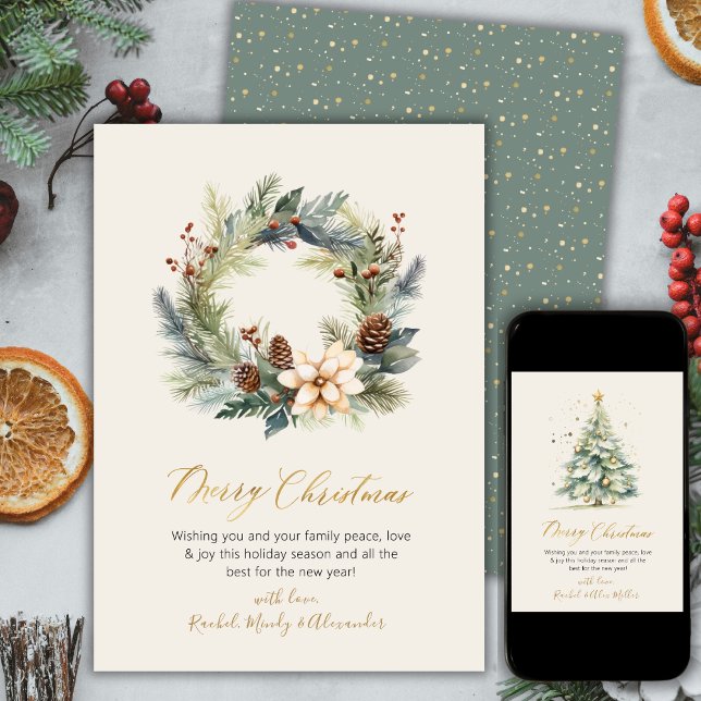 Elegant Gold Script Wreath Greenery Christmas Card (Creator Uploaded)