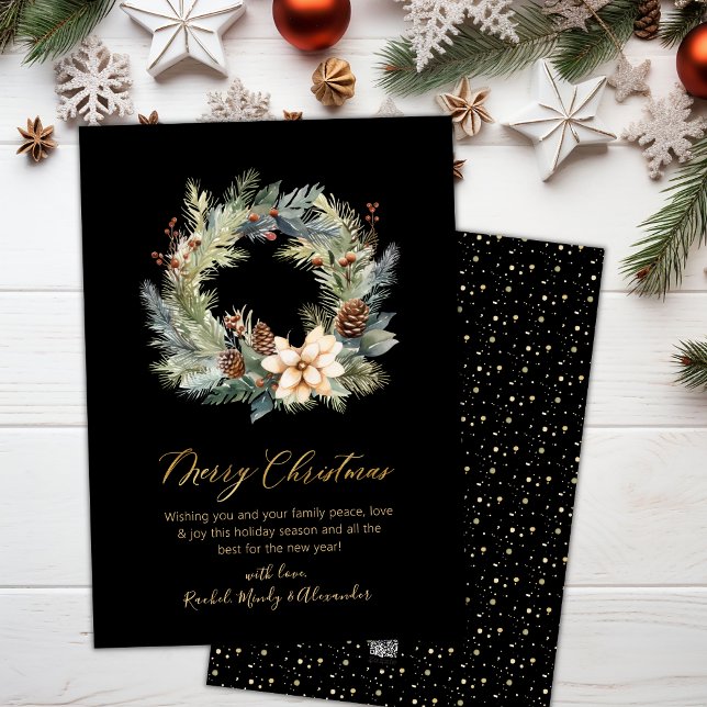 Elegant Gold Script Wreath Greenery Christmas Card (Creator Uploaded)