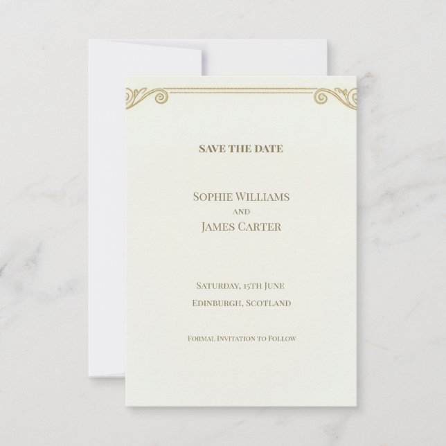 Elegant Gold Scroll Save The Date Card (Front)