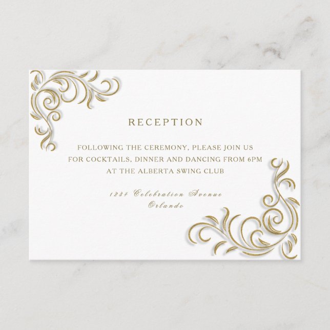 Elegant gold scroll wedding reception card (Front)