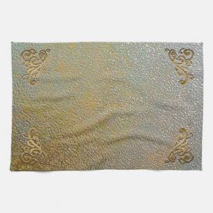 Elegant Gold Scrolls   Silver Gold Metal Look Tea Towel