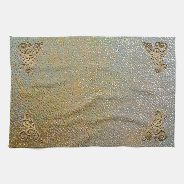 Elegant Gold Scrolls | Silver Gold Metal Look Tea Towel (Horizontal)