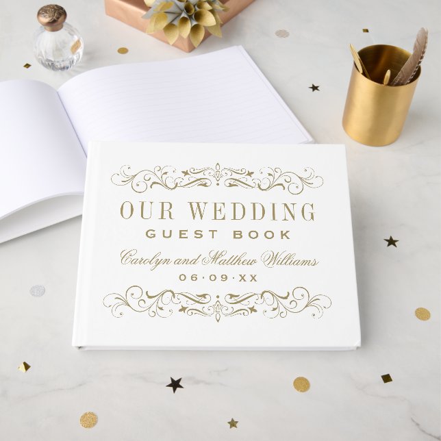Elegant Gold Scrollwork Wedding MonogramDescriptio Guest Book (Front Open)
