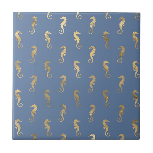 Elegant Gold Seahorse Seamless Pattern Navy Blue Ceramic Tile (Front)