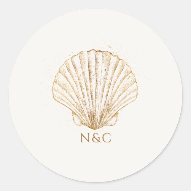 Elegant Gold Seashell Names Initials Wedding Classic Round Sticker (Front)