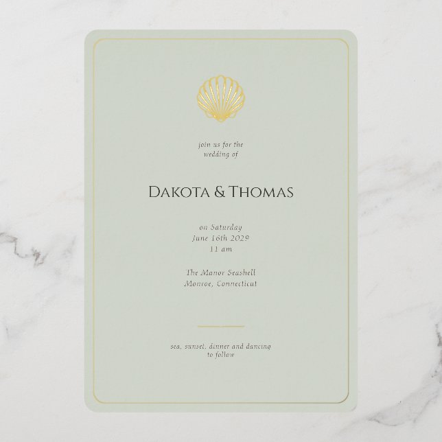 Elegant Gold Seashell Sage Wedding invitation (Front)
