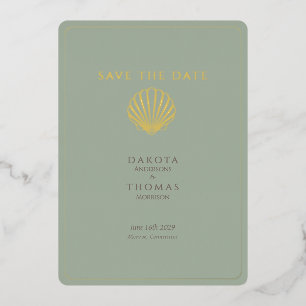 Elegant Gold Seashell Sage Wedding Save the Date Foil Holiday Card