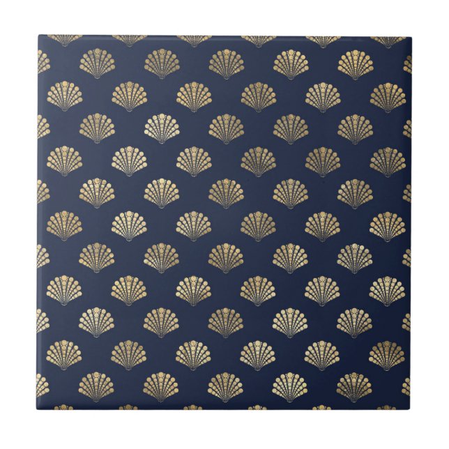 Elegant Gold Seashells Seamless Pattern Navy Blue  Ceramic Tile (Front)
