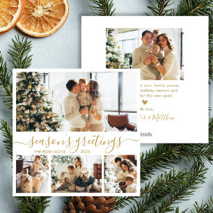 Elegant Gold Seasons Greetings Script 4 Photo Holiday Card