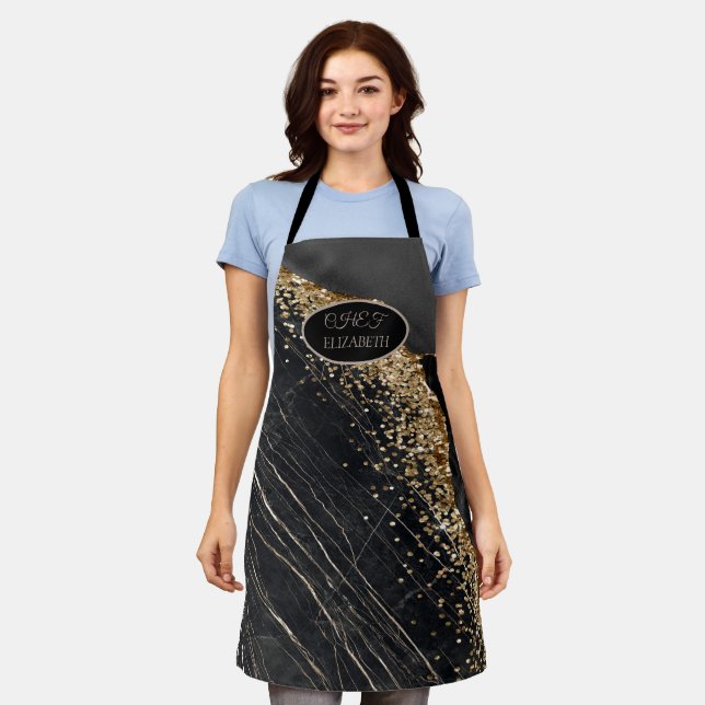 Elegant Gold Sequins Black Marble  Apron (Worn)