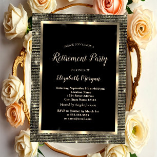 Elegant Gold Sequins Frame Black Retirement Invitation