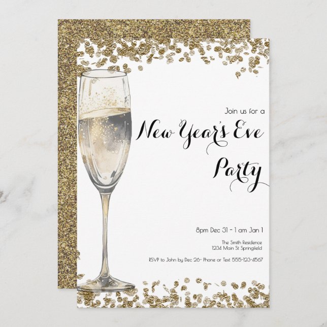 Elegant Gold Sequins New Years Eve Champagne Invitation (Front/Back)
