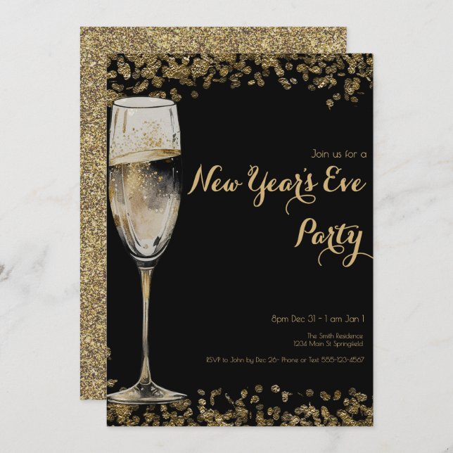 Elegant Gold Sequins New Years Eve Champagne Invitation (Front/Back)