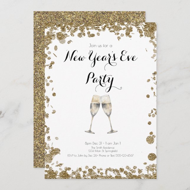 Elegant Gold Sequins New Years Eve Invitation (Front/Back)