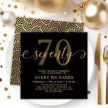 Elegant Gold Seventy Script Black 70th Birthday In Invitation<br><div class="desc">Elegant Chic Black and Gold Seventy Script 70th Birthday Invitation. Celebrate a stylish 70th birthday with this elegant black and faux gold foil party invitation. The design features a bold “seventy” in oversized, swirly handwritten script with graceful swash tails, paired with the number “70” for extra emphasis. Party details are...</div>