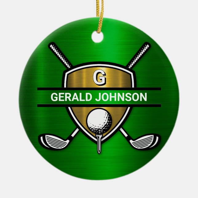 Elegant Gold Shield Golf Monogram Design Ceramic Ornament (Front)