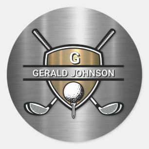Elegant Gold Shield Golf Monogram Design Classic Round Sticker