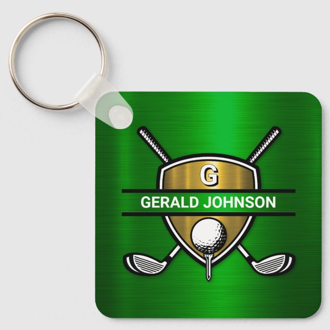 Elegant Gold Shield Golf Monogram Design Key Ring (Front)
