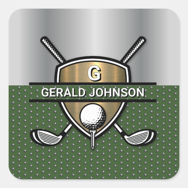 Elegant Gold Shield Golf Monogram Design Square Sticker (Front)