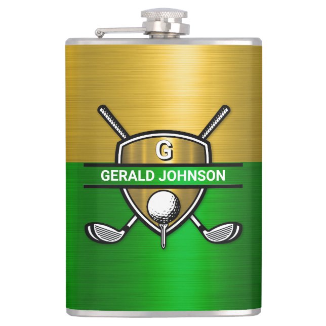 Elegant Gold Shield Monogram Design Hip Flask (Front)
