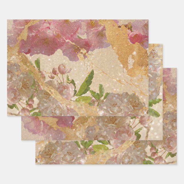 Elegant Gold Shimmer Floral Decoupage Design Wrapping Paper Sheet (Set)