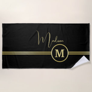 Elegant Gold Signature Monogram on Black Beach Towel