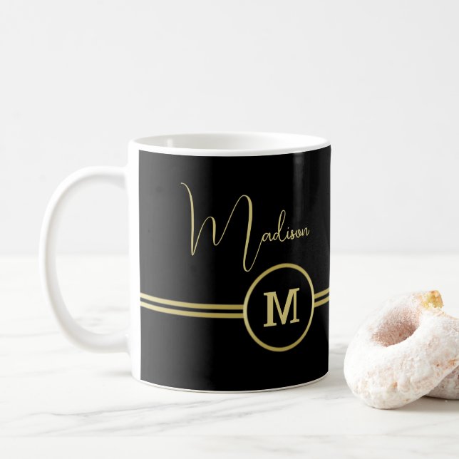 Elegant Gold Signature Monogram on Black Coffee Mug (With Donut)