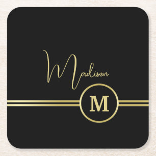 Elegant Gold Signature Monogram on Black Square Paper Coaster