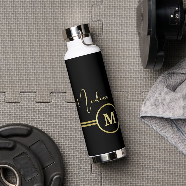 Elegant Gold Signature Monogram on Black Water Bottle (Gym)