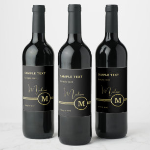 Elegant Gold Signature Monogram on Black Wine Label