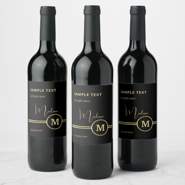 Elegant Gold Signature Monogram on Black Wine Label (Bottles)