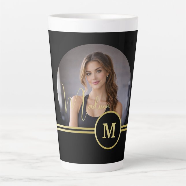 Elegant Gold Signature Monogram with Photo Latte Mug (Front)