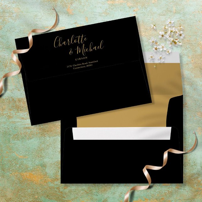 Elegant Gold Signature Script Black Return Address Envelope (Creator Uploaded)